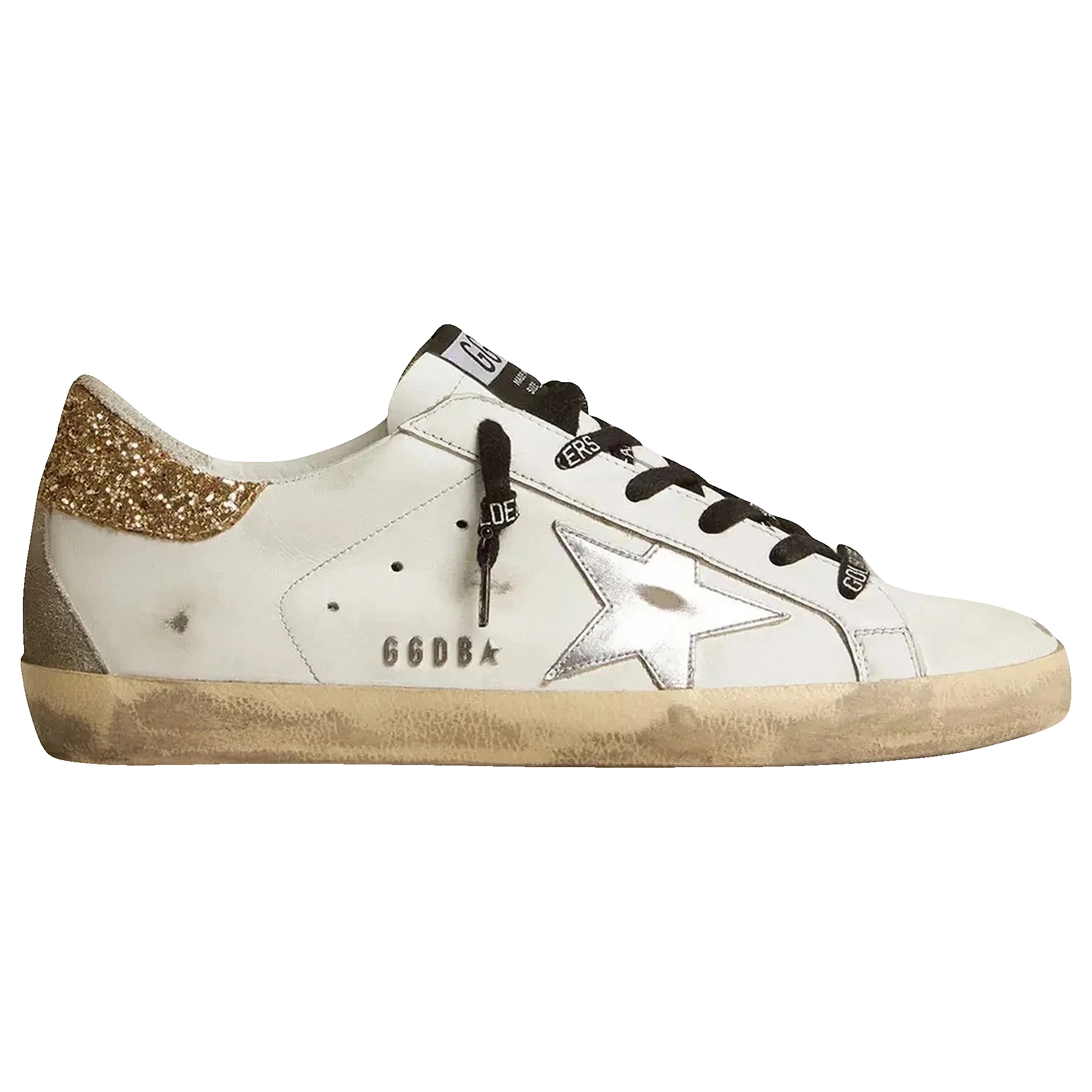 Golden Goose Super-Star White Leather Glittery Heel Tab